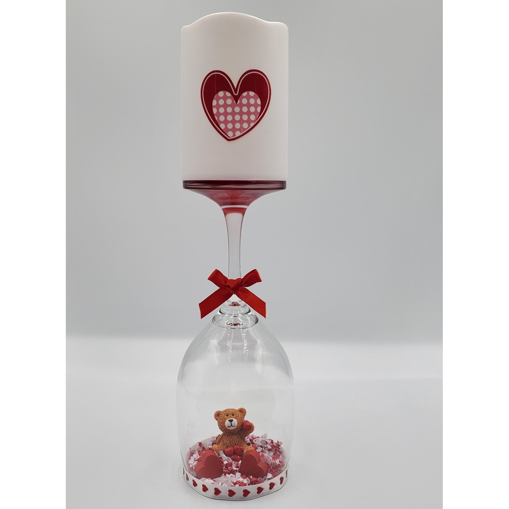 Homemade Valentines Day Wine Glass Candle Holder Teddy Bear LED Candle